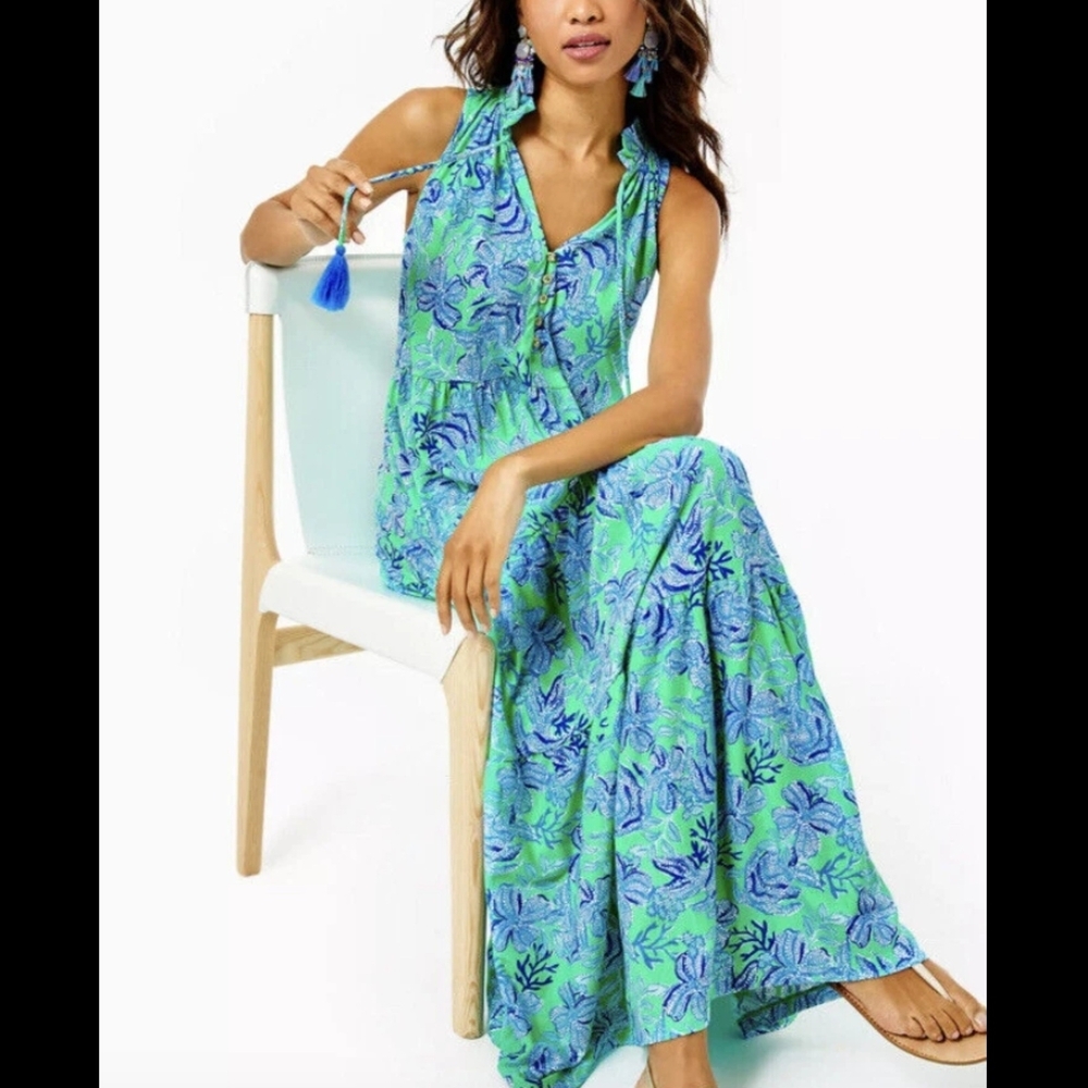 Lilly Pulitzer Green & Blue Tropical Print Maxi Dress - Picture 2 of 13